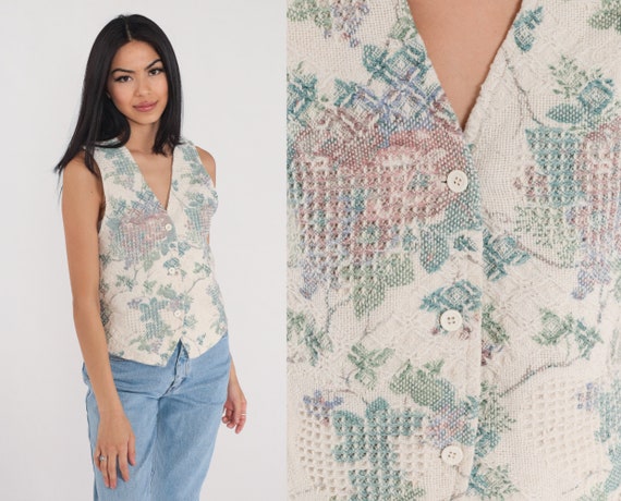 Floral Tapestry Vest 90s Button up Woven Vest Retro Sleeveless Cream Flower Print Hippie Bohemian Garden Party Top Vintage 1990s Small S