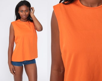 Orange Tank Top 70s Sleeveless Shirt Retro Tank Top Mod Boho Blouse Vintage Plain Simple Polyester 1970s Large