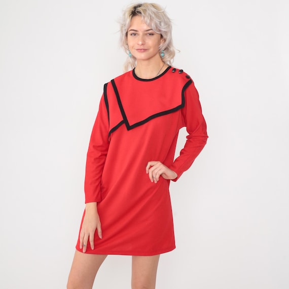 Vintage Red Mod Mini Dress 80s Asymmetrical Sailor Collar Long Sleeve Knit Black Trim 1980s Minimalist Shift Button Shoulder Medium M