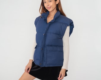 Navy Blue Puffer Vest 90s Ski Vest Down Fill Puffy Sleeveless Jacket Zip Snap Up Puff Retro Skiwear Winter Streetwear Vintage 1990s Large L