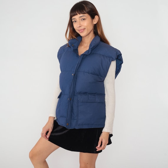 Navy Blue Puffer Vest 90s Ski Vest Down Fill Puffy Sleeveless Jacket Zip Snap Up Puff Retro Skiwear Winter Streetwear Vintage 1990s Large L