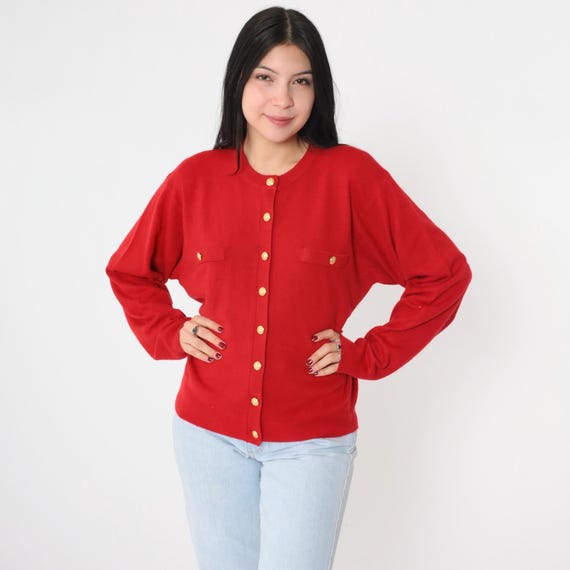 Vintage Red Cardigan 90s Gold Button up Acrylic Knit Preppy Sweater Plain Basic Solid Retro Grunge Acrylic Knitwear 1990s Large
