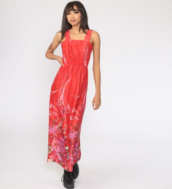 Maxi Sundress 70s Bohemian Smocked Red Dress Boho Dress Vintage Hippie 1970s Festival Spaghetti Strap Beach Vacation Extra Small xs