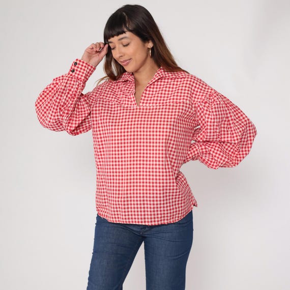 Red Gingham Blouse 70s Cottagecore Cotton Puff Sleeve Pullover Vintage Country Prairie Farmcore Picnic Handmade Balloon Sleeve Medium M L