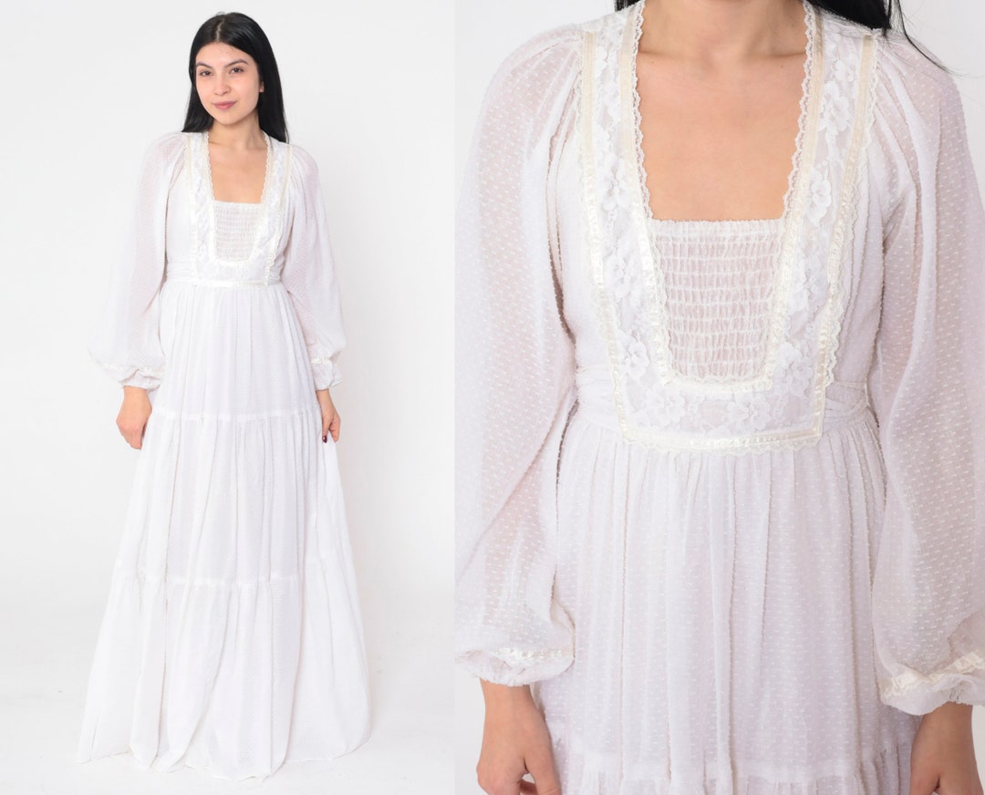 RARE Vintage 70s Yellow & White Polka-dot Long Sleeve Prairie Style Maxi Dress