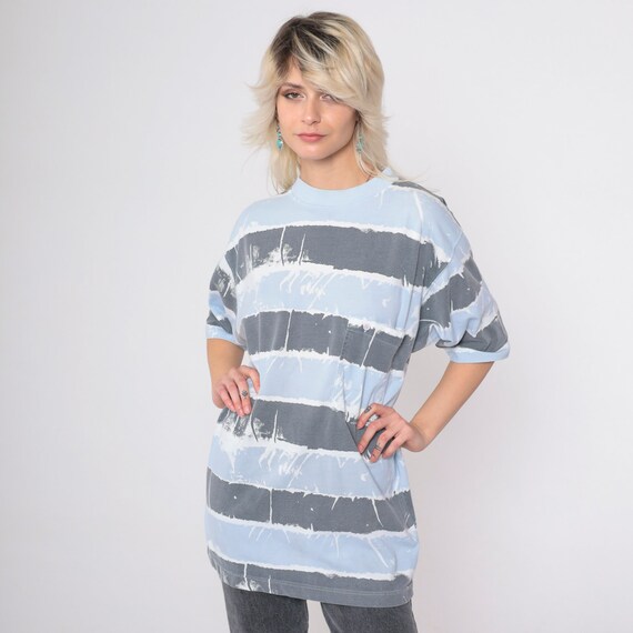 90s Striped T Shirt Surfer Blue Grey Tee Chest Pocket T Shirt Painted Print Retro Tee Vintage Normcore Short Sleeve Small Medium