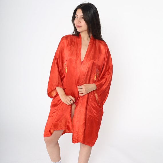 Red Silk Kimono Robe 80s Floral Embroidered Asian Lingerie Robe Open Front Dressing Gown Jacket Flower Vintage 1980s Small Medium Large