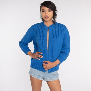 Blue Cardigan Sweater 70s Open Front Sweater Vintage Acrylic Knit 1970s Grandma Small S image 2