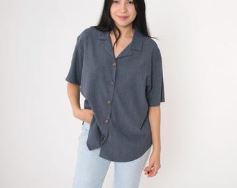 Vintage Grey Blouse 90s Button Up Shirt Retro Plain Simple Short Sleeve Preppy Basic Button Down Casual 1990s Medium