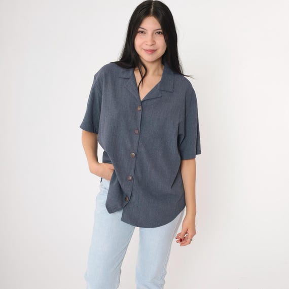 Vintage Grey Blouse 90s Button Up Shirt Retro Plain Simple Short Sleeve Preppy Basic Button Down Casual 1990s Medium
