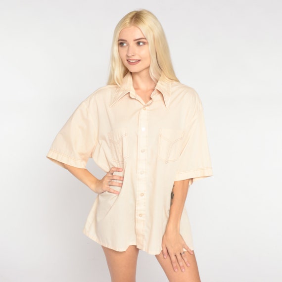 Cream Button Up Shirt 70s Dagger Collar Shirt Retro Collared Short Sleeve Plain Topstitch Seventies Pocket Top Vintage 1970s Extra Large xl