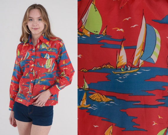 Sailboat Shirt 70s Red Nautical Button Up Blouse Long Sleeve Collared Shirt Ocean Sailing Yacht Boat Print Top Blue Vintage 1970s Medium M