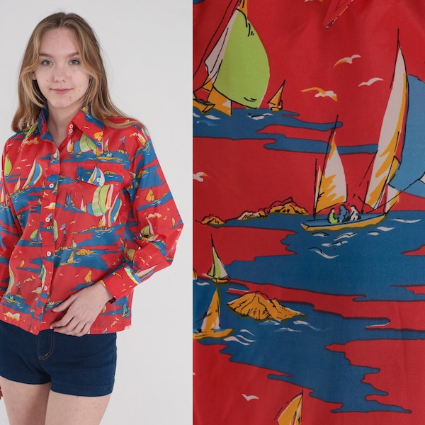 Sailboat Shirt 70s Red Nautical Button Up Blouse Long Sleeve Collared Shirt Ocean Sailing Yacht Boat Print Top Blue Vintage 1970s Medium M