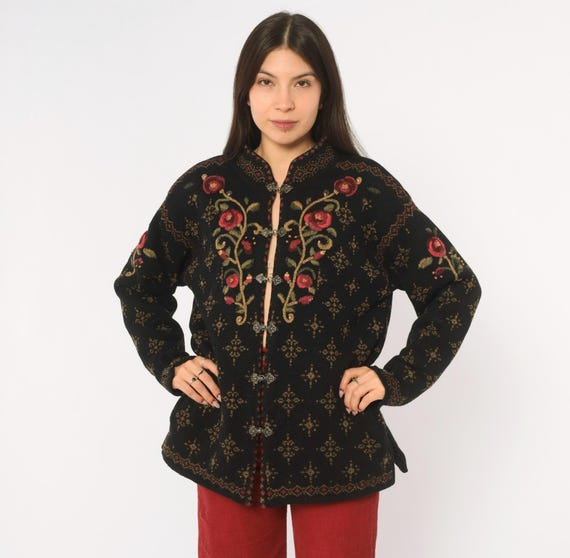 Y2K Icelandic Wool Cardigan Embroidered Rose Floral Black Tan Fair Isle Knit Long Sleeve Pockets Nordic Folk Cottagecore Sweater Medium M
