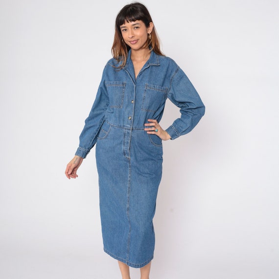 90s Denim Dress Blue Jean Button up Midi Dress Long Sleeve Shirtdress Retro Casual Collared Chest Pocket Day Dress Vintage 1990s Medium 10