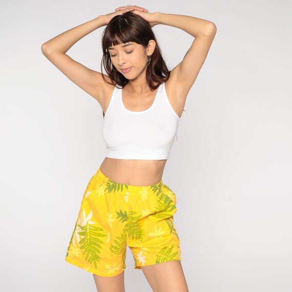 Tropical Shorts 90s Yellow Shorts Floral Leaf Print Retro High Waisted Elastic Waist Boho Summer Bottoms Vintage 1990s Small S