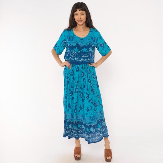 90s Teal Floral Maxi Dress Cobalt Blue Vine Print Short Sleeve Ankle Length Summer Cottagecore Prairie Turquoise Aqua Vintage Medium M