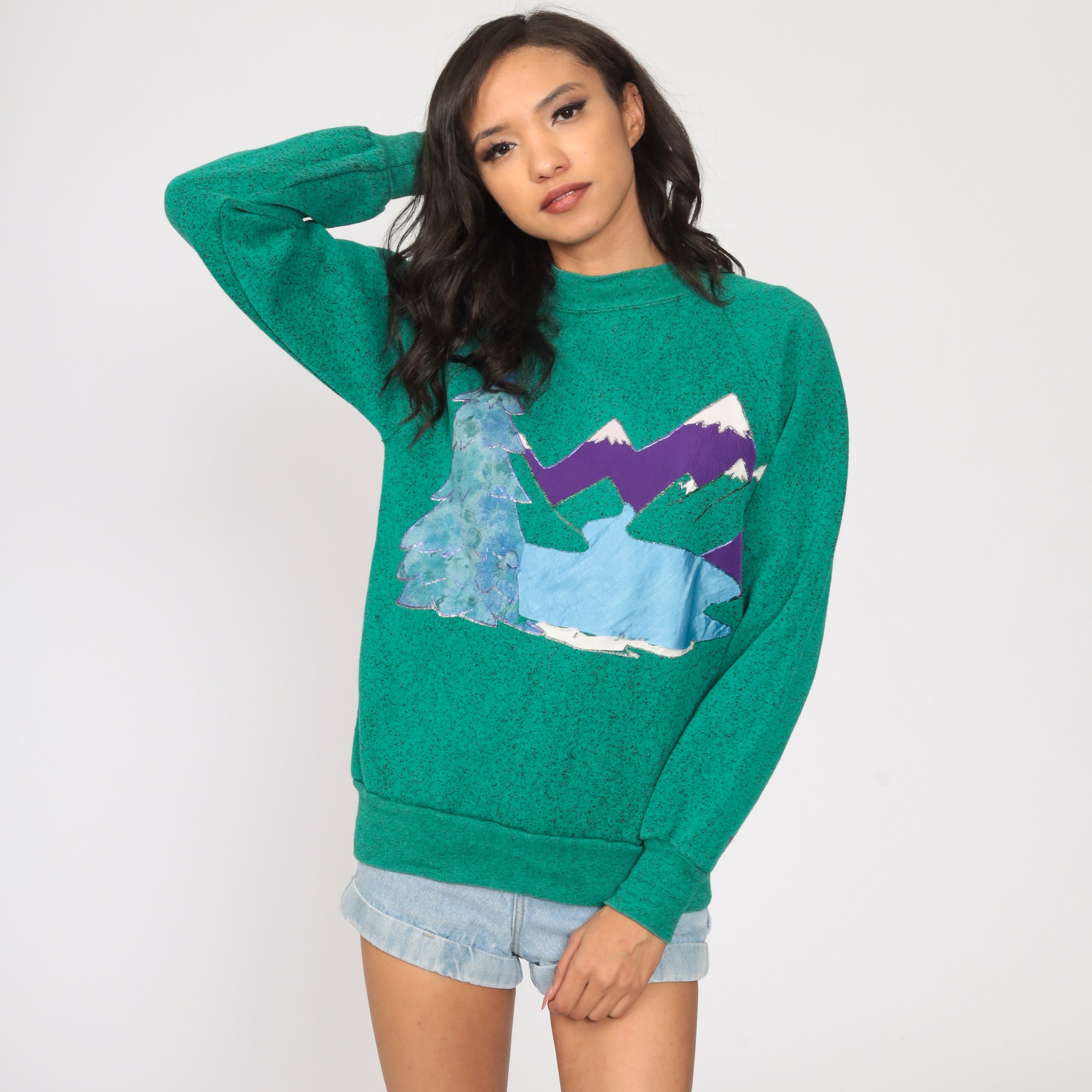 Mountain Sweatshirt 80s Green Graphic Raglan Sleeve 1980s Crewneck ...