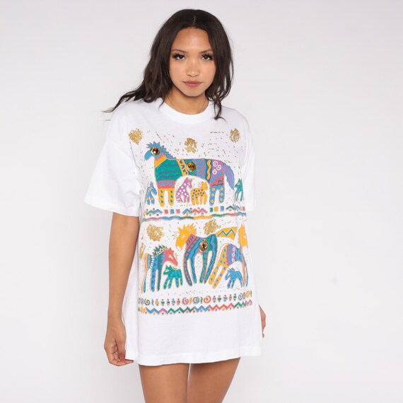 Southwestern Horse T-shirt Vintage 90s Abstract Fruit Of The Loom White Gold Glitter Paint Art Jeweled Beaded Print Tee Extra Large XL
