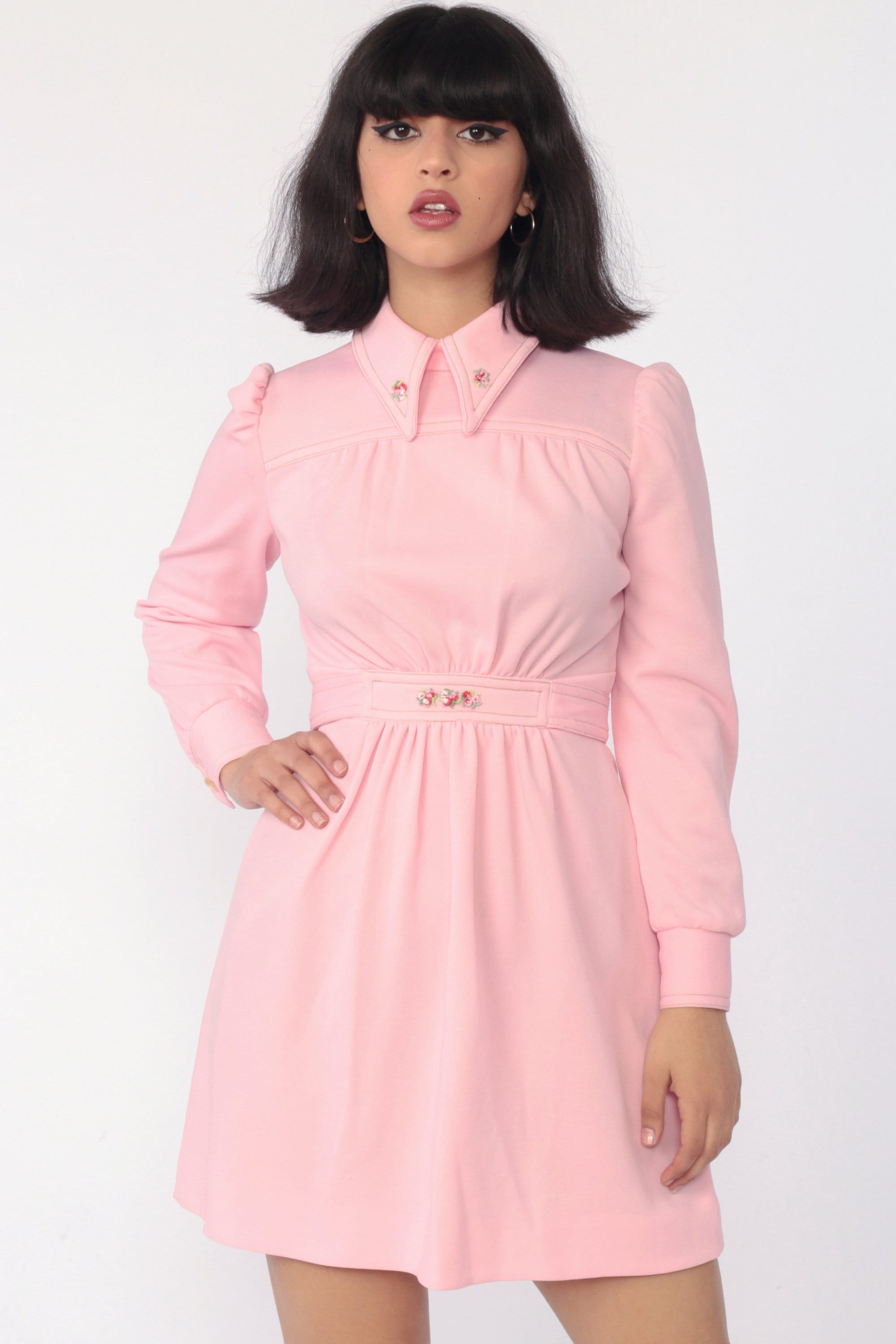 Pink Babydoll Dress Mod Mini Dress 60s Collared Long Puff Sleeve Empire  Waist Embroidery Pastel Baby Twiggy 1960s Vintage Extra Small Xs - Etsy  Finland