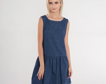 Robe Mod bleu foncé Mini taille basse des années 70 Robe droite des années 70 en chambray Mini-robe vintage rétro sans manches Gogo Space Age Extra Small xs