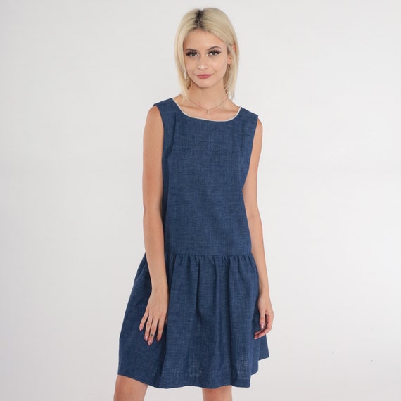 60s Mod Dress Dark Blue Mini Drop Waist 70s Shift Dress Chambray Retro Vintage MiniDress Sleeveless Gogo Space Age Extra Small xs