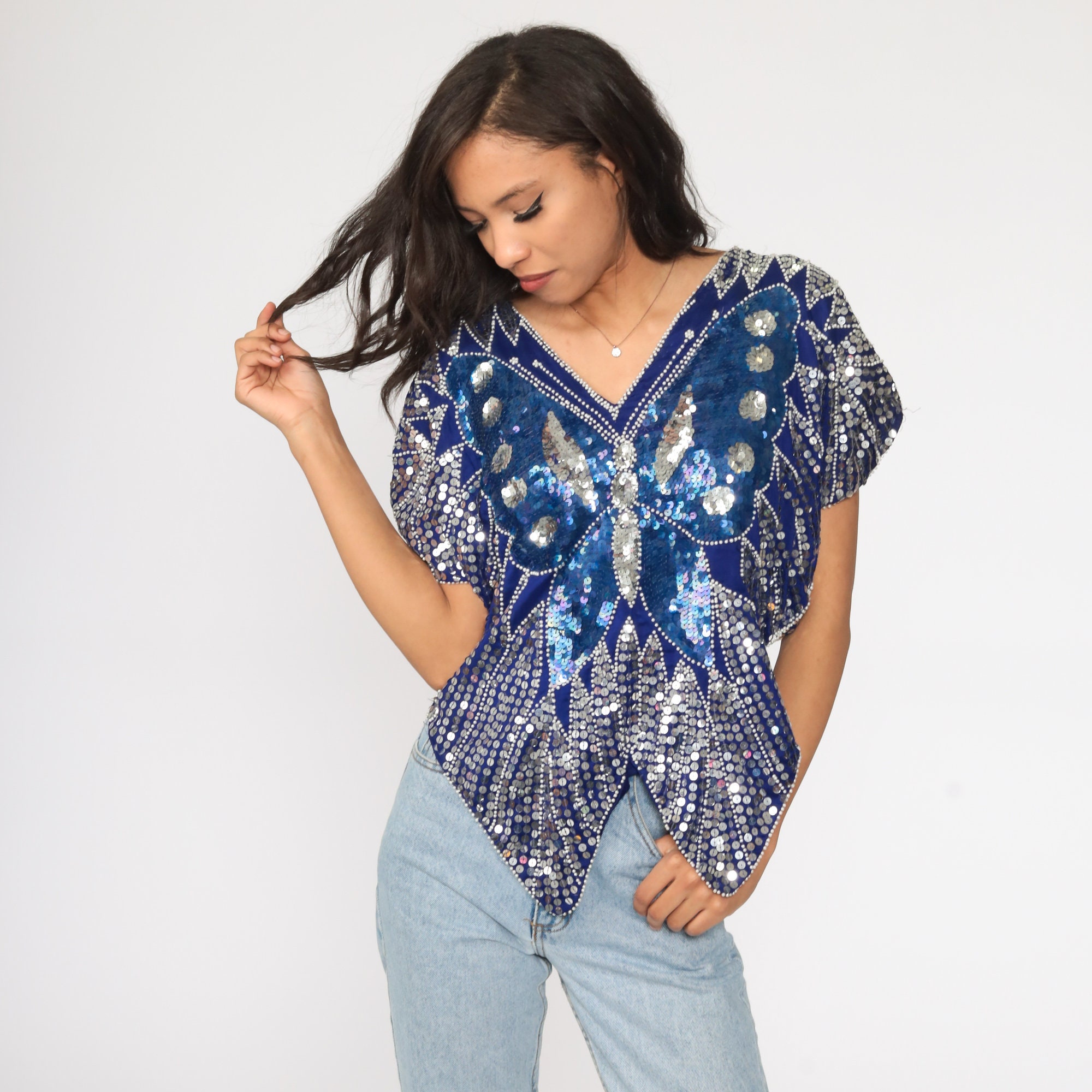 Sequin Butterfly Top Sequin Blouse Blue Metallic Shirt Boho Disco 80s Bohemian Party Trophy 