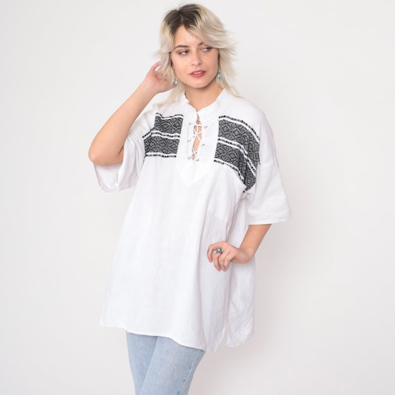 White Tunic Top Embroidered CORSET Shirt Lace Up Blouse 90s Hippie Shirt Bohemian Black Festival Boho Top 1990s V Neck Short Sleeve Large xl