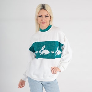 Kanintröja Metallisk kanintröja 80-90-tal Vit blågrön djurtröja Hjärtringad dubbelkrage Grafisk skjorta Kawaii Vintage Stor bild 1