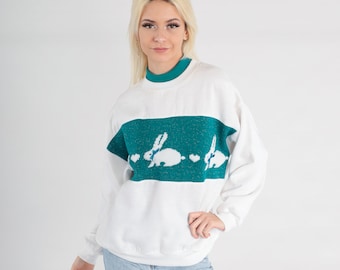 Bunny Sweatshirt Metallic Rabbit Sweater 80s 90s White Teal Animal Sweatshirt Heart Ringer Double Collar Graphic Shirt Kawaii Vintage Large