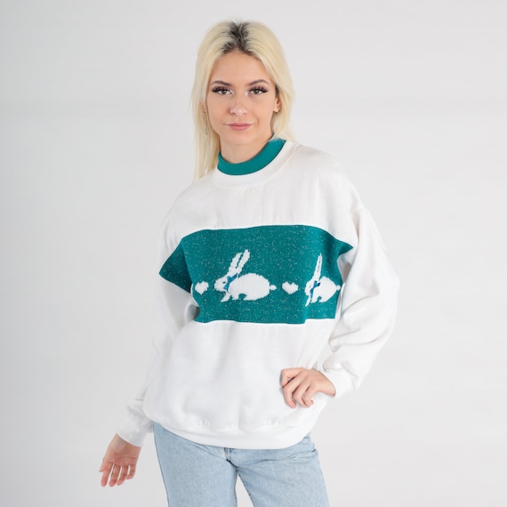 Bunny Sweatshirt Metallic Rabbit Sweater 80s 90s White Teal Animal Sweatshirt Heart Ringer Double Collar Graphic Shirt Kawaii Vintage Large
