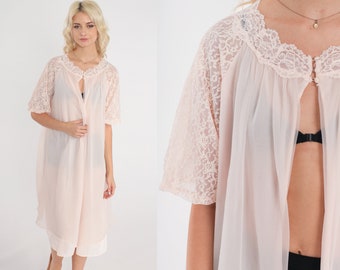 70 s Lingerie Robe Baby Pink Lace Long Jacket Nightgown Pyjama Robe Sheer Midi Nylon Nightie Open Front Pastel Button Up vintage 1970s Medium