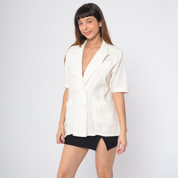 Cream Floral Blouse 90s Double Breasted Button up Shirt Embossed Collared Top Short Sleeve Boho Chic Professional Preppy Vintage 1990s Large