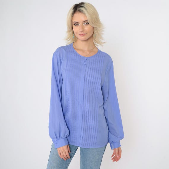 80s Periwinkle Pleated Blouse Long Sleeve Shirt Plain Button Chest Retro Blue Formal Party Top Vintage 1980s Large 12