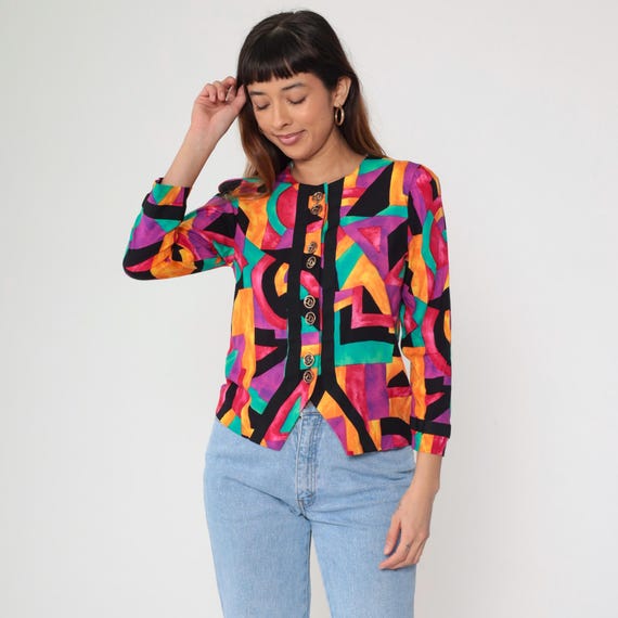 Geometric Print Jacket 90s Abstract Rainbow Pattern Gold Buttons Rayon Colorful Statement Top Office  Career Vintage Retro Small S 6