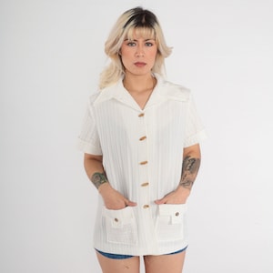 Vintage Toggle Button Shirt White Boho Blouse 70s Top Button Up Short Sleeve Top Dagger Collar Bohemian Top Hippie 1970s Pocket Large L