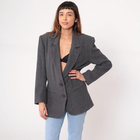 Gray Wool Blazer 90s Two Button Professional Business Suit Jacket Structured Shoulders Vintage Office Work Wear Charcoal Corporate Medium M