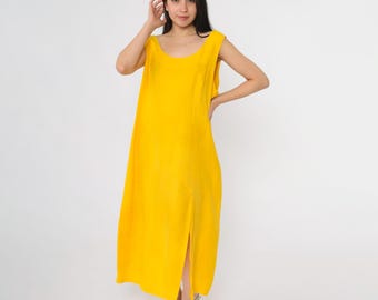 Vestido vintage de lino amarillo, años 90, sin mangas, maxivestido de tirantes con abertura en la espalda y detalle de anilla, vestido de verano minimalista para playa, talla L