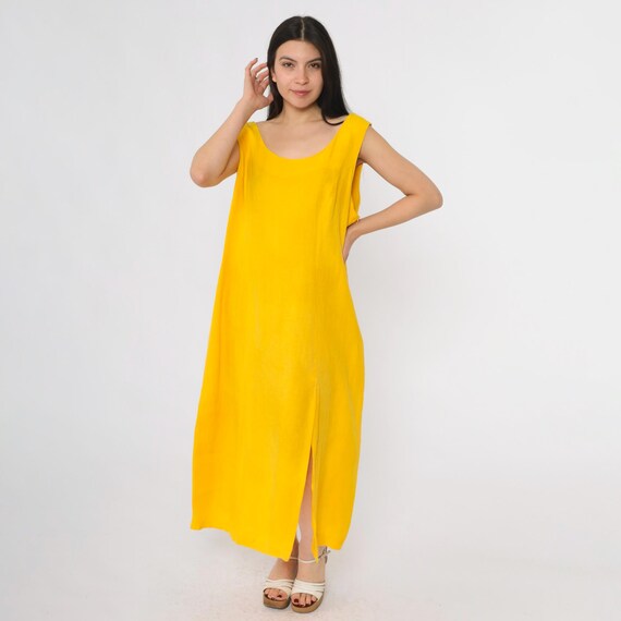 Vintage Yellow Linen Dress 90s Sleeveless Maxi Tank Cutout Back O-Ring Strap Detail Sundress 1990s Minimalist Summer Beach Large L