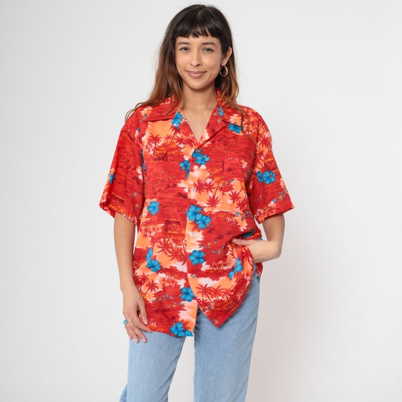 70s Hawaiian Shirt Red Floral Palm Tree Hula Dancer Girl Print Button Up Tropical 1970s Vintage Short Sleeve Retro Tourist Extra Large xl