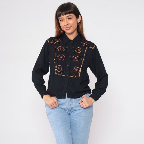 Beaded Floral Blouse 90s Black Button Up Shirt Flower Beading Embroidered Top Long Sleeve Collared Bohemian Hippie Boho Vintage 1990s Small