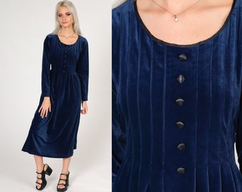 Blue Velvet Dress 90s Midi Long Sleeve Shift Pleated Velour Dress Grunge Party Button Up Dress Vintage Gothic Witch Petite Medium