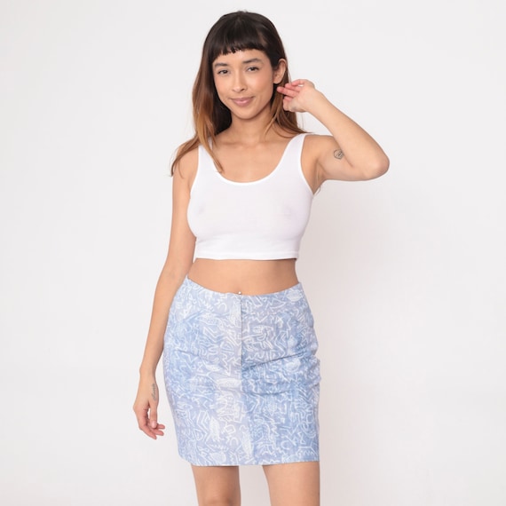 90s Petroglyph Print Skirt Faded Blue Animal Mini Skirt Fish Deer Bird Geometric 1990s Vintage Festival Pencil Wiggle High Waisted Medium 8