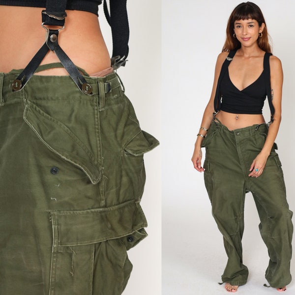 Suspender Field Pants 50s Army Pants Shell Cargo Military Trousers 1951 US Korean War Olive Green 1950s Vintage Large Regular R 35 to 38