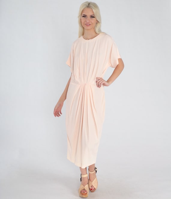 Pale Pink Dress 80s Pleated Cocoon Dress Simple Midi Dress Plain Basic Short Sleeve Preppy Formal Grecian Vintage 1980s Medium Large