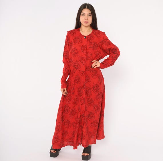 80s Red Rose Print Linen Dress Black Floral Ankle Length Long Sleeve Button Front Pockets A Line Fit Flare Dark Cottagecore Vintage Medium M