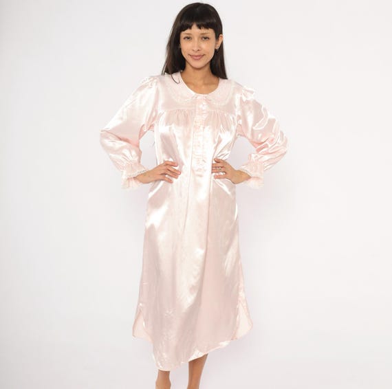 80s Satin Nightgown Blush Pink Lace Trim Embroidered Collar Long Sleeve Ruffle Rose Maxi Gown Coquette Balletcore Sleepwear Vintage Small S