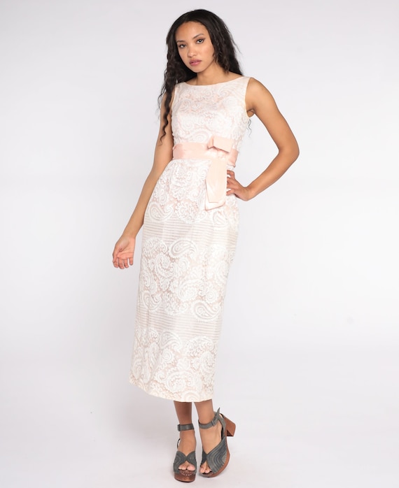 Lace Maxi Dress Cocktail Dress 60s Party Pink Bow Prom Dress Sleeveless Empire Waist 1960s Mod Sixties Vintage Formal Mad Men Extra Small XS