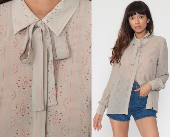 Sheer Ascot Blouse 80s Neck Tie Top Vintage Grey P