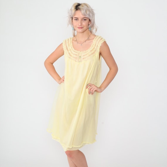 Vintage Yellow Nylon Nightgown Ruffled Floral Embroidery Lingerie Slip Dress 70s Babydoll Midi Pastel Nightie Tent Chiffon Boho 1970s Large